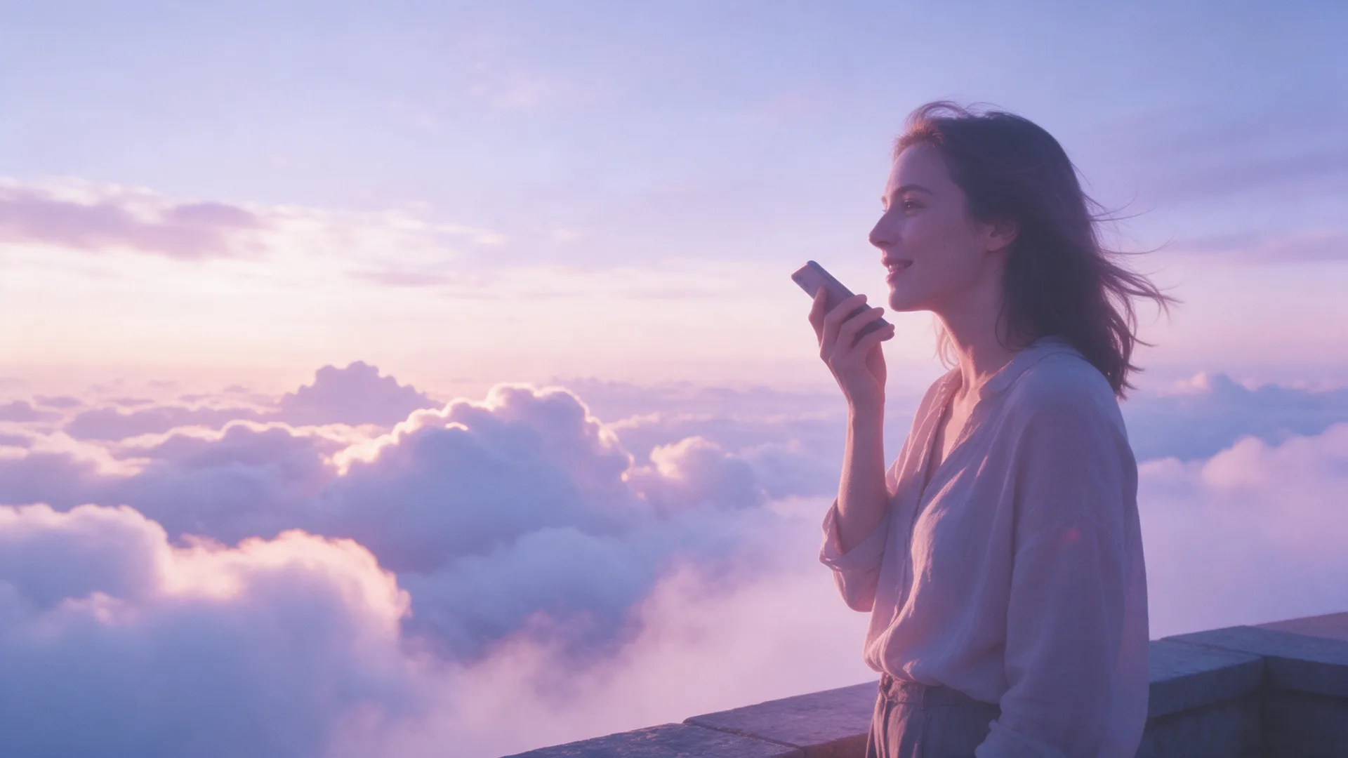 A woman outdoors above the clouds at golden-lilac hour speaks into her phone.